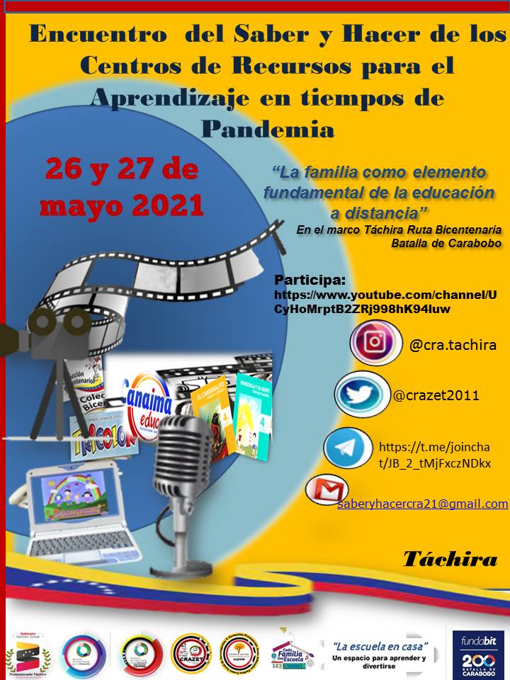 CeiCra's tweet photo. #25Mayo| el CEI MJM del municipio #Jauregui y el #EncuentroSaberYHacerRecursosTáchira   
"La Familia como Elemento Fundamental de la Educacion a Distancia" les invitan   muy cordialmente este miércoles 26 y jueves 27 🎥🎬📲
#BicentenarioBatalladeCarabobo
 https://t.co/LMVmV8vzdV