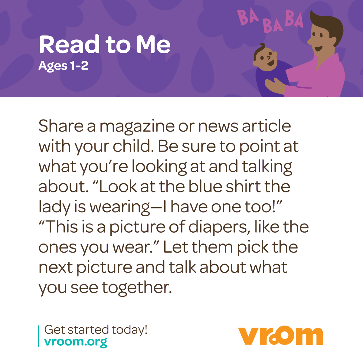 joinvroom's tweet photo. DYK that at ~1yo babies start to understand that pics = real things? Try this #VroomTip next time you're reading a magazine: point at a pic & chat about it with your 1-2yo. Let them pick the next picture and talk about what you see together. Here's the #BrainyBackground. https://t.co/6C38pf5B0U