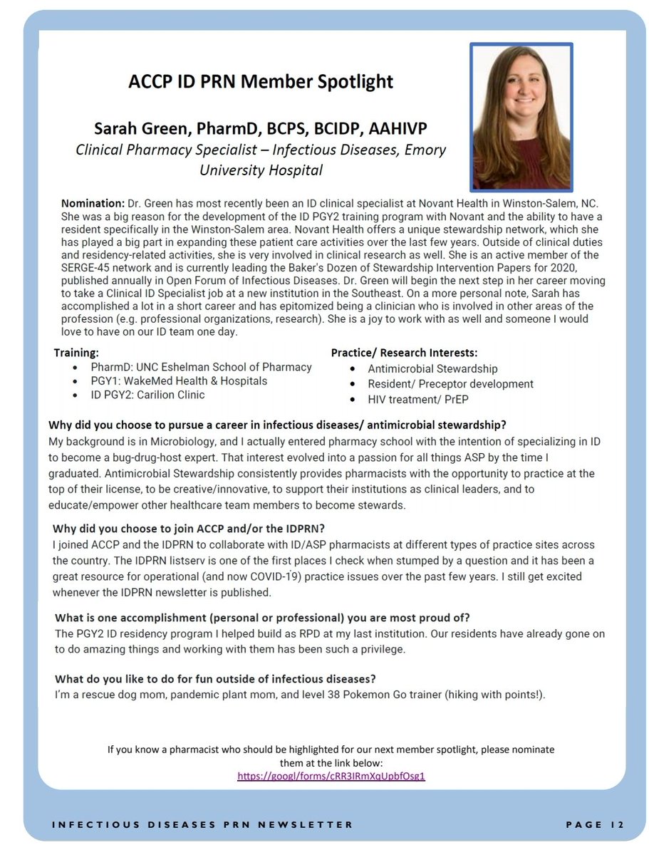 SE Research Group (@serge_45_abx) on Twitter photo Very cool to see <a href="/ViridansPharmD/">Sarah Green</a> as the <a href="/accpinfdprn/">ACCP INFD PRN</a> member spotlight for May. Integral member to the <a href="/SERGE_45_ABX/">SE Research Group</a> research network success. #IDtwitter Very cool to see <a href="/ViridansPharmD/">Sarah Green</a> as the <a href="/accpinfdprn/">ACCP INFD PRN</a> member spotlight for May. Integral member to the <a href="/SERGE_45_ABX/">SE Research Group</a> research network success. #IDtwitter