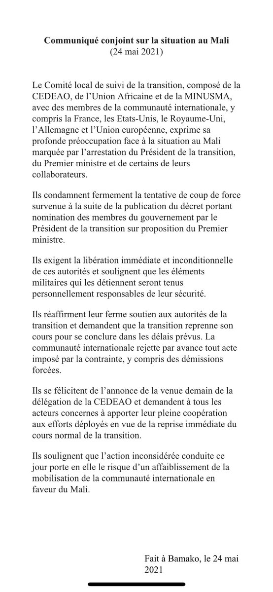 UN_MINUSMA's tweet photo. Communiqué conjoint sur la situation au #Mali https://t.co/d3Fql6U5yG