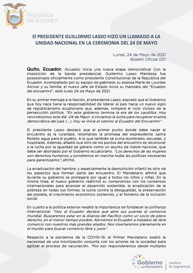 ComunicacionEc's tweet photo. Boletín Oficial 001 🇪🇨

El presidente @LassoGuillermo hizo un llamado a la unidad nacional en la ceremonia del 24 de Mayo.

📰➡️ https://t.co/6COY8WEPRW

#GobiernoDelEncuentro
#JuntosLoLogramos https://t.co/yAb0drLSyT