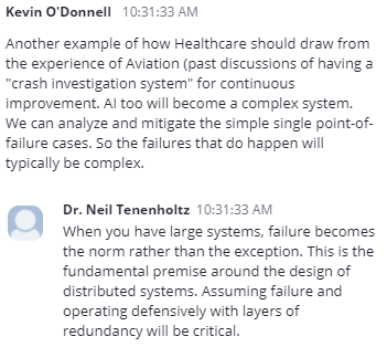 JeffHuRad's tweet photo. Great exchange in the "How AI Will Disrupt the Status Quo in Ways You Haven't Thought Of" comments. Healthcare is not an industry where we can blindly accept "Move Fast and Break Things", when the "things" are peoples' lives at stake. #SIIM21 https://t.co/Q95v31FpTc