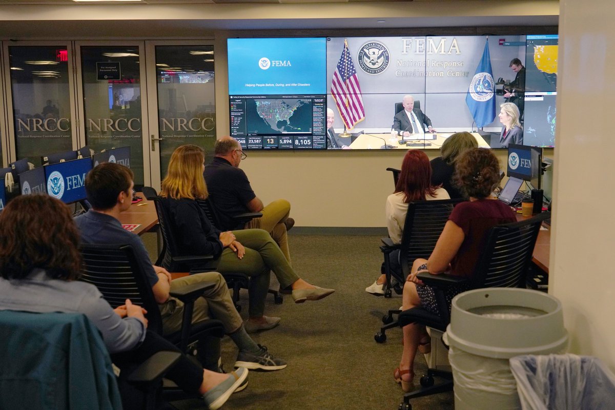 fema's tweet photo. We were happy to welcome @POTUS to FEMA headquarters today to discuss our readiness and needs for this hurricane season. Afterwards, the President and @SecMayorkas took a tour and met with @FEMA_Deanne and some of our staff. https://t.co/hLqrgkjFzn