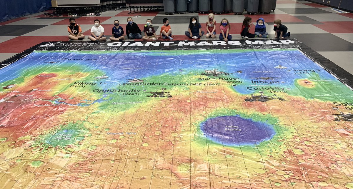 LisaMLove1996's tweet photo. I was FINALLY able to get my Kinders on the #GiantMarsMap today. (We have been remote almost all year.) You should have heard their cheers! Tomorrow is the big day for the @Ozobot coding adventure on the map. TY @AldrinFamilyFdn!! More photos tomorrow. @HLSBulldogs #SeñoraAmor https://t.co/rx4HhrHsmk