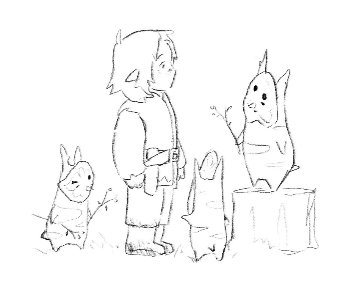 Been doodling my link but tater tot shaped with koroks. I need to banish this softness from my brain eugh 