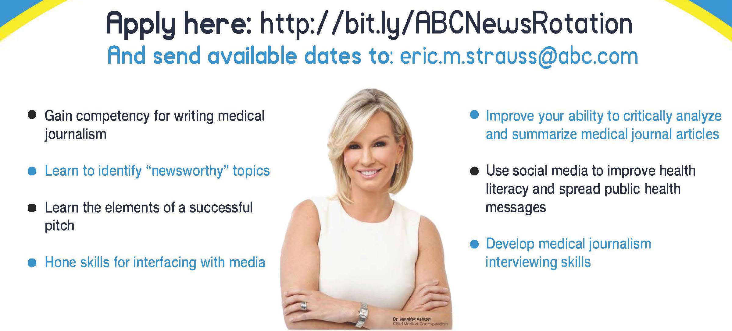 Eric On Twitter Join Us For An Unforgettable 1 Month Abc News Medical Reporting Elective Full Time Five Days A Week Resident Physicians Fellows And Recent Graduates W Drjashton Sonysalz Johnbrownstein Doctordarienmd Bhangrajay