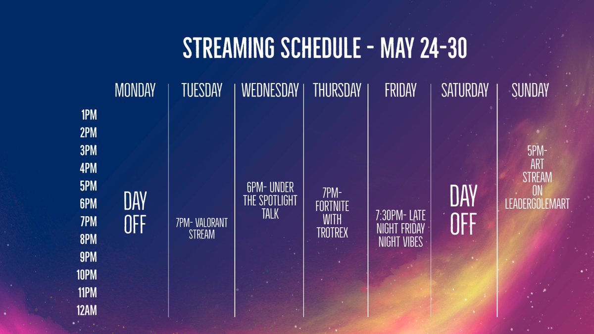 leadergolem's tweet photo. schedule time! This is my first time doing this! This applies to 24-30th of May. NOTE: I will try my best to keep to this schedule! However some aspects of the stream may change last minute. https://t.co/7xgw7P7M0q
