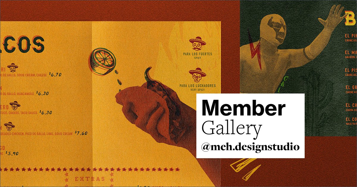 AIGAdesign's tweet photo. From the #AIGAMember Gallery: #Design concepts from Meh Design Studio feature a mixture of traditional Mexican symbols, halftone photography, and typefaces to create an unconventional portfolio for a Mexican restaurant. See more work: https://t.co/Akb19w8Gly https://t.co/oG8eD0R9yx