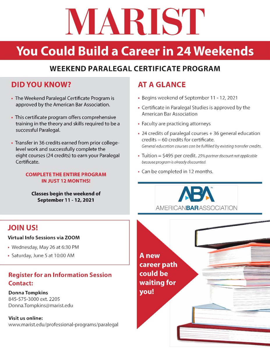 MaristSPP's tweet photo. Earn a Paralegal Certificate in just 1 year.  Information sessions happening this week and next week.  Join us on May 26 or June 5 to learn about how you can get started.  https://t.co/20Y0y0zDAh https://t.co/XVkwjUSoBF
