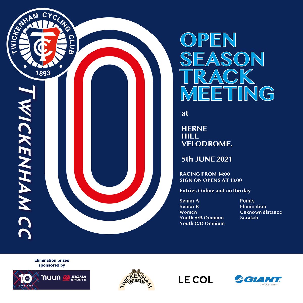More entries have come available in the Men’s A and B categories for the TCC <a href="/TwickCC/">Twickenham Cycling Club</a> at <a href="/HerneHillVel/">Herne Hill Velodrome</a> on 5 June 2021. Enter on the BC website.
@NuunSigmaSports <a href="/GiantTwickenham/">Giant Twickenham</a> <a href="/LeColUK/">Le Col</a> <a href="/TwickenhamAles/">Twickenham Fine Ales</a>
