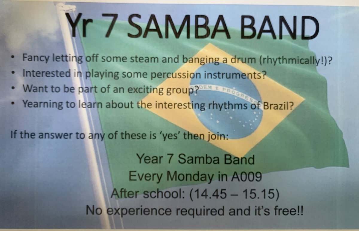 CaldiesMusical's tweet photo. Been waiting 15 months for this! Can’t wait to finally get back to some extra curricular! Starts on Monday 7th June. All year 7s welcome! #samba #carnival https://t.co/Qs20JFygVq