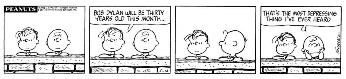 LukeEpplin's tweet photo. It's Bob Dylan's 80th birthday, which seems somewhat hard to believe, but just fifty years old, it was hard to believe that Dylan was turning 30. Even Charlie Brown commented on it. https://t.co/oxjqEusJUE