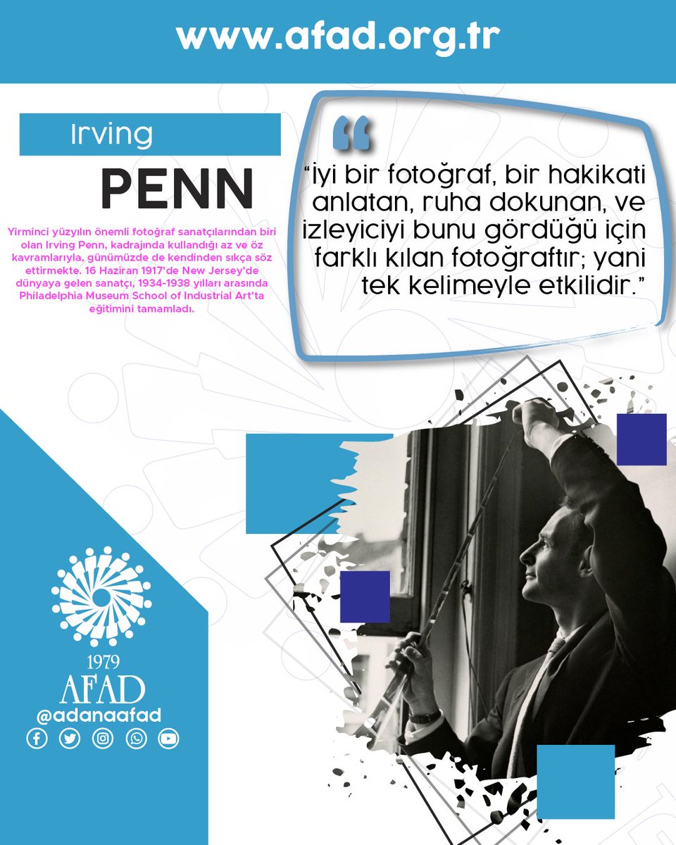 "İyi bir fotoğraf, bir hakikati anlatan, ruha dokunan, ve izleyiciyi bunu gördüğü için farklı kılan fotoğraftır; yani tek kelimeyle etkilidir."

Irving PENN

#fotografad
#adanaafad
#fotografadana
#ünlüfotoğrafçılar
#irvingpenn
#fotoğraf
#fotoğrafçılık
#fotoğraftarihi