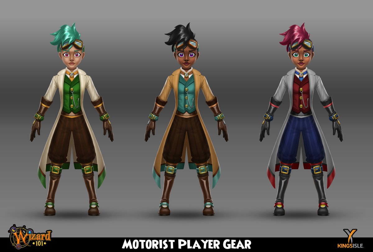 Here's the player gear in the new Marleybone Motorist Hoard Pack. I'm a car nerd, so it was a lot of fun to design a set based on 1930s racecar drivers🏎️ @wizard101 <a href="/KingsIsle/">KingsIsle</a> #wizard101 #marleybone #characterdesign #videogames #conceptart #motorist #racecar