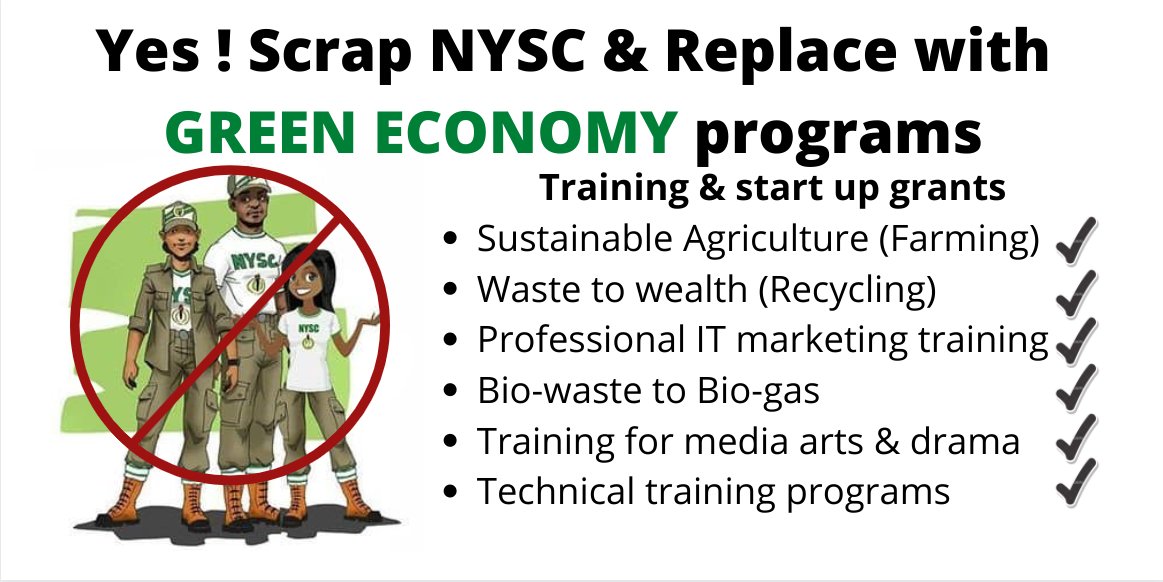 Let's face it, there are no "white collar" job opportunities  in Nigeria.

Pls join us - Retweet to ask our leaders <a href="/MBuhari/">Muhammadu Buhari</a> <a href="/OnuigboSI/">Rep. Samuel Onuigbo</a> <a href="/sharon_ikeazor/">Sharon Ikeazor</a> to scrap NYSC, but replace with "green economy" and technical job training programs.  <a href="/UtaziJay/">ChudeeTheNerd Jay</a> <a href="/Mayor_ofph/">The Mayor 🇳🇬</a> <a href="/onlykwaffy_/">KWAFFY FBI.</a>