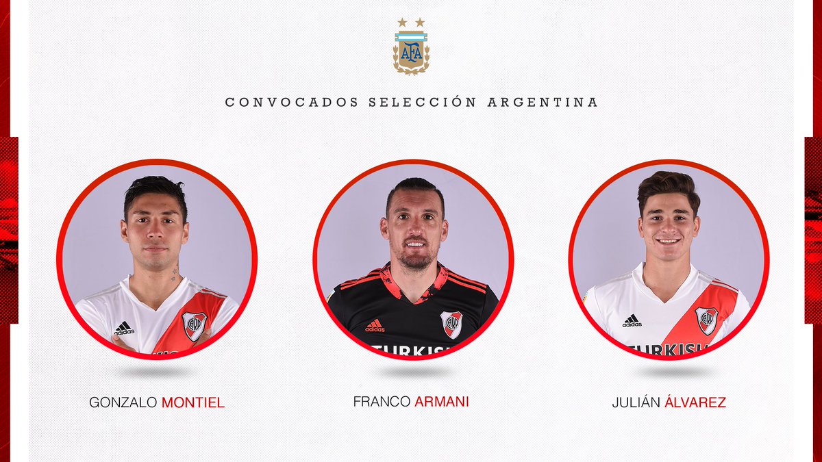 🇦🇷 Gonzalo Montiel, Franco Armani y Julián Álvarez, convocados para defender la camiseta de <a href="/Argentina/">🇦🇷 Selección Argentina ⭐⭐⭐</a> en las próximas fecha de las Eliminatorias 🔝⚽

#RiverDeSelección ⚪️🔴⚪️