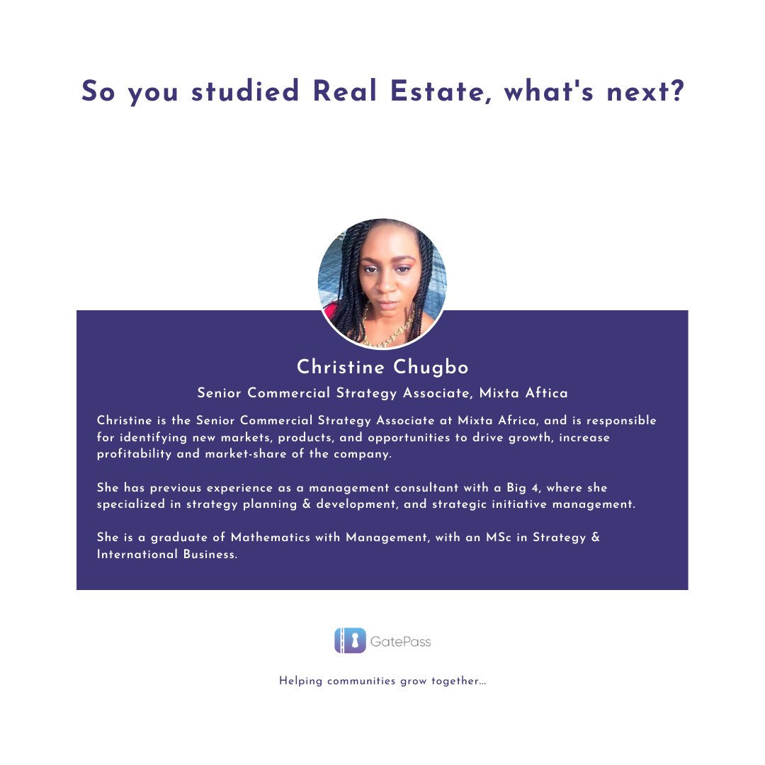GatePass's tweet photo. Christine Chugbo, Senior Commercial Strategy Associate, Mixta Africa. @MizzC_C https://t.co/6RQ06dA4pw