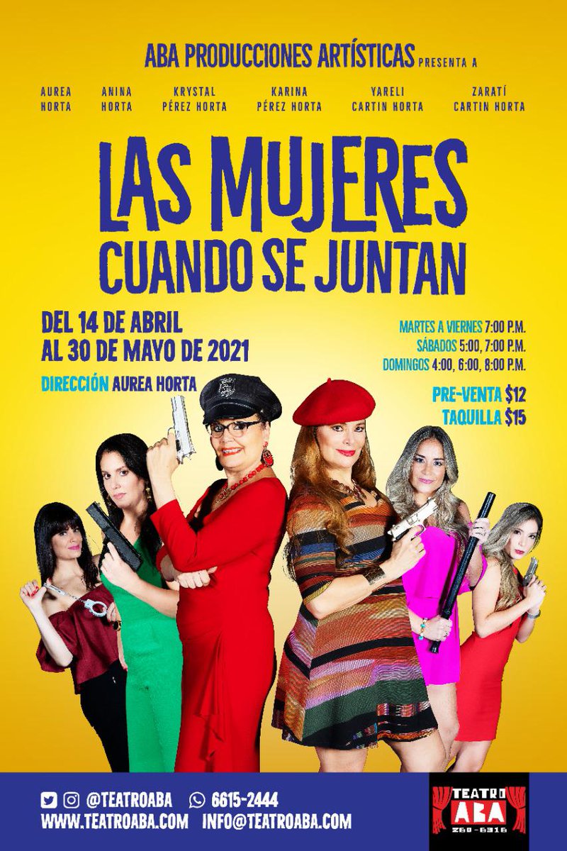 Quedan pocos boletos para las funciones de "Las Mujeres Cuando se Juntan" en el <a href="/TeatroABA/">Teatro ABA</a>

$12 Preventa (hasta 24 hrs antes o agotar existencia de boletos) y $15 mismo día. 

Funciones:
Vie   28 mayo 7 pm
Sab  29 mayo 5 pm
Sab  29 mayo 7 pm
Dom 30 mayo 4 pm
Dom 30 mayo 6 pm