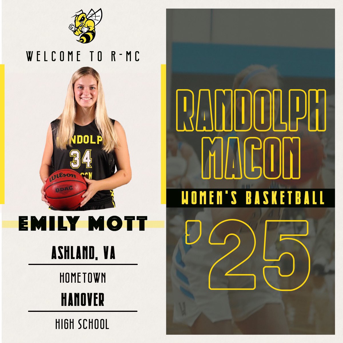 Introducing the next member of R-MC WBB class of 2025, Emily Mott! 

Emily is a forward from Ashland, VA! 🖤💛 

#ItsAGreatDayToBeAYJ #GoJackets