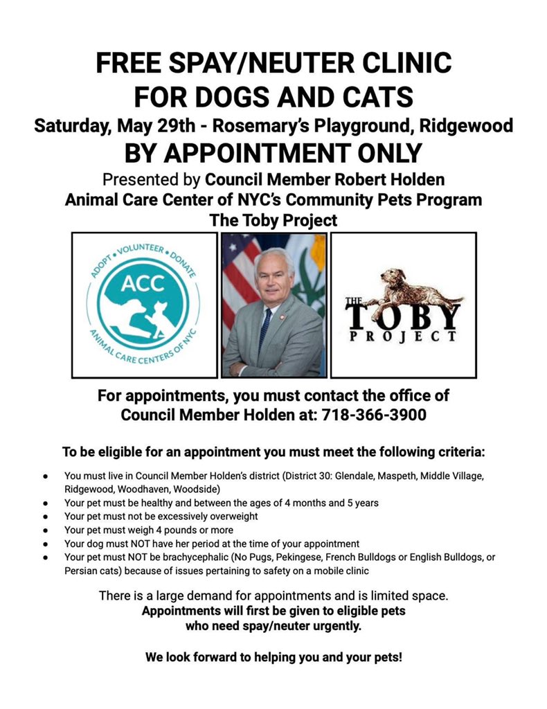 Council Member Robert F. Holden (@cmbobholdennyc) on Twitter photo I am sponsoring a free spay/neuter clinic this Saturday, in partnership with <a href="/nycacc/">Animal Care Centers of NYC</a> and @thetobyprojectnyc. Please see the flyer below for details. #ridgewoodqueens #ridgewood #pets I am sponsoring a free spay/neuter clinic this Saturday, in partnership with <a href="/nycacc/">Animal Care Centers of NYC</a> and @thetobyprojectnyc. Please see the flyer below for details. #ridgewoodqueens #ridgewood #pets