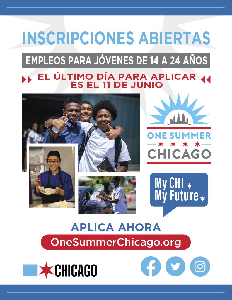 Looking for career opportunities for the summer and are between the ages of 14 to 24? Apply for One Summer Chicago 2021 program by June 11th! 

Apply at onesummerchicago.org 

#onesummerchicago #summerjobs #youth