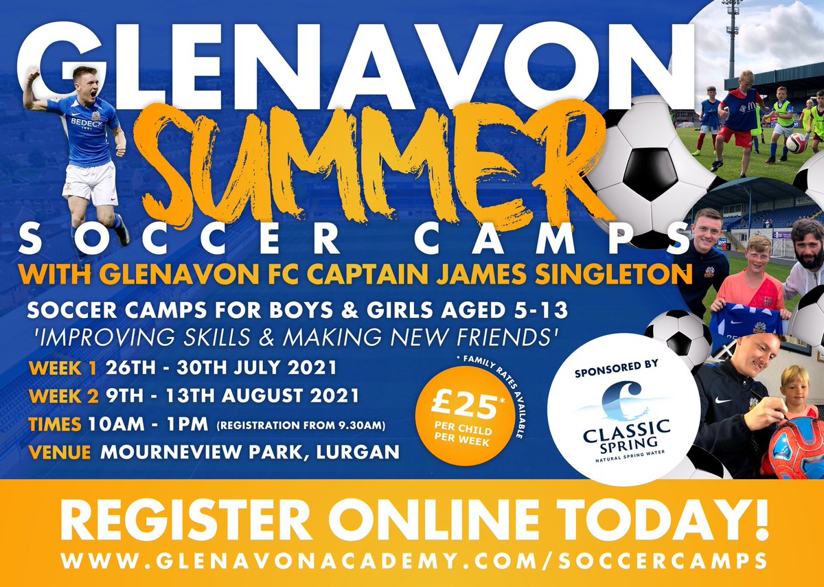 Glenavon FC Academy (@glenavonacademy) on Twitter photo ⚽️ | SUMMER SOCCER CAMPS
Glenavon FC Academy will be running two Summer Soccer Camps at Mourneview Park led by <a href="/Glenavon_FC/">Glenavon FC</a> Captain James Singleton
WEEK 1: 26th - 30th July 2021
WEEK 2: 9th - 13th August 2021
💻 REGISTER ONLINE TODAY!
glenavonacademy.com/soccercamps ⚽️ | SUMMER SOCCER CAMPS
Glenavon FC Academy will be running two Summer Soccer Camps at Mourneview Park led by <a href="/Glenavon_FC/">Glenavon FC</a> Captain James Singleton
WEEK 1: 26th - 30th July 2021
WEEK 2: 9th - 13th August 2021
💻 REGISTER ONLINE TODAY!
glenavonacademy.com/soccercamps