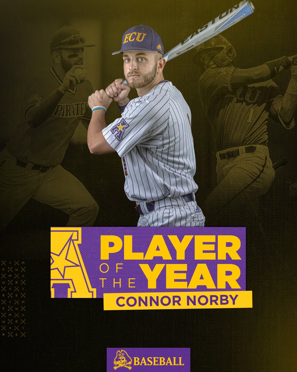 ECUBaseball's tweet photo. ☠️ Leads the nation with 89 hits.
☠️ Reached base in 50 of 51 games.
☠️ Leads the American with a .420 average and 56 runs scored.

A regular season for the ages earns Connor Norby @American_BSB Player of the Year honors! 🏴‍☠️🏴‍☠️🏴‍☠️ https://t.co/qBWeP9AekM
