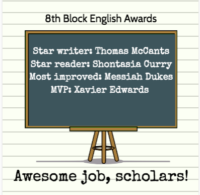 2020-2021 Student Awards for Ms. K's 8th Block English Class
