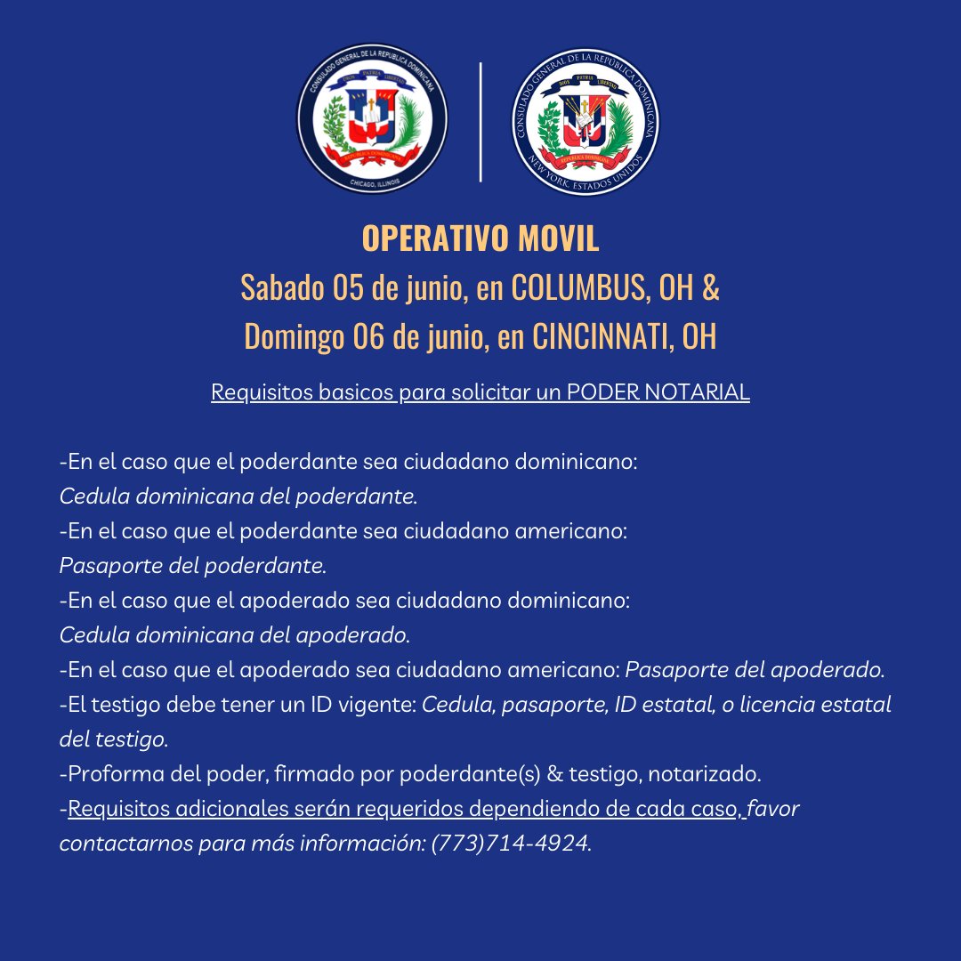 consuladord_chi's tweet photo. Aviso! OPERATIVO MOVIL. No te pierdas la oportunidad de actualizar tus documentos! Entre los servicios disponibles están: Renovación de Pasaportes, Carta de Ruta, Poder Notarial y Traducciones. #dominicanosenelexterior #consuladordchicago #operativomovil #servicios @MIREXRD https://t.co/ocyKl9H8VW