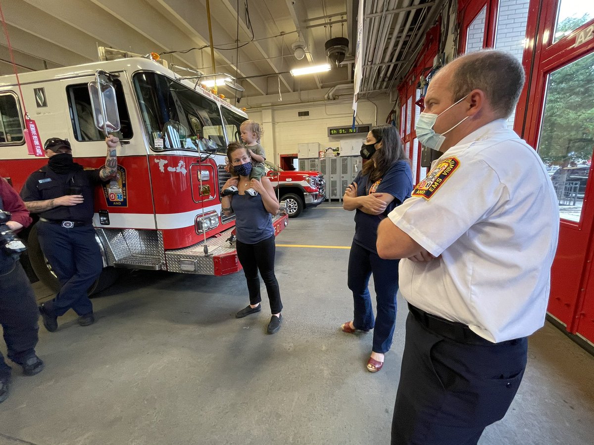 dcfireems's tweet photo. Baby Teg came by Engine 11 to see the crew who brought his pulse back after his heart stopped one night in March. #DCsBravest are happy to see he’s had a speedy recovery after open heart surgery. He is now 16 months old and fascinated with fire apparatus. https://t.co/GKNo2seNJO