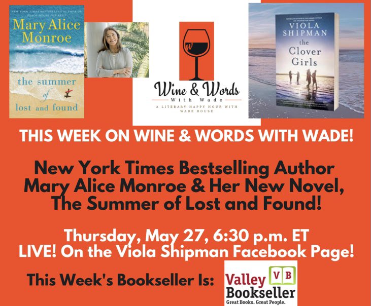 We’re excited to be this week’s featured bookseller on Wine & Words with @waderouse!  We have copies of both The Clover Girls (and golden clover bookmarks until they’re gone) and The Summer of Lost and Found.  Order at valleybookseller.com