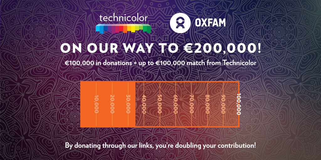 Technicolor Partners with Oxfam India to raise funds for COVID relief. "On our way to €200,000! €100,000 in donations + up to €100,000 match from Technicolor" Visual: Bar graph illustrating over €30,000 in donations out of €100,000.
