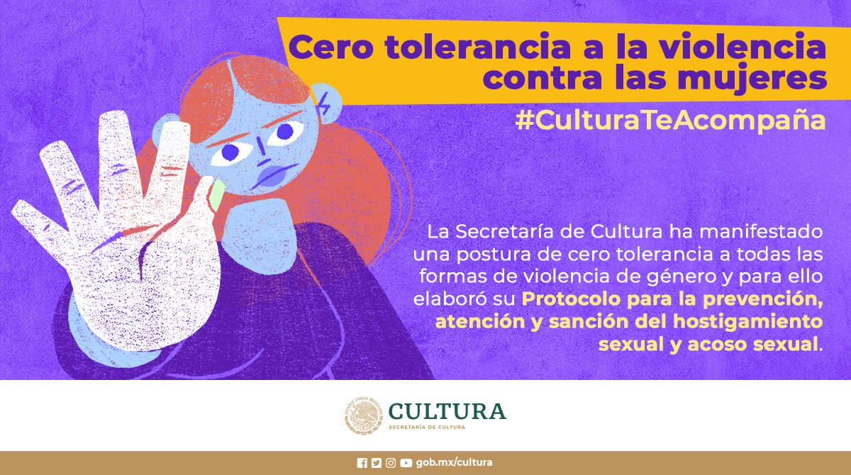 cultura_mx's tweet photo. #CulturaTeAcompaña 👩

Todo el personal de la Secretaría de Cultura tiene la obligación de conocer el Protocolo para la prevención, atención y sanción del hostigamiento sexual y acoso sexual. 👉 https://t.co/pO1XJwON4J

¡Cero tolerancia a la violencia contra las mujeres! https://t.co/GkKRdNNHVA