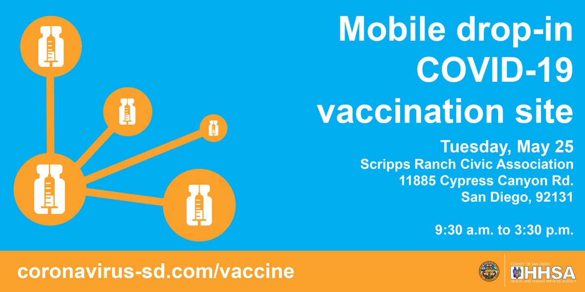 Mobile drop-in vaccination site tomorrow (5/25), 9:30 a.m. to 3:30 p.m. at Scripps Ranch Civic Association Community Center, 11885 Cypress Canyon Rd., San Diego.

Vaccine: Johnson &amp; Johnson and Pfizer

coronavirus-sd.com/vaccine

#TeamVaccine