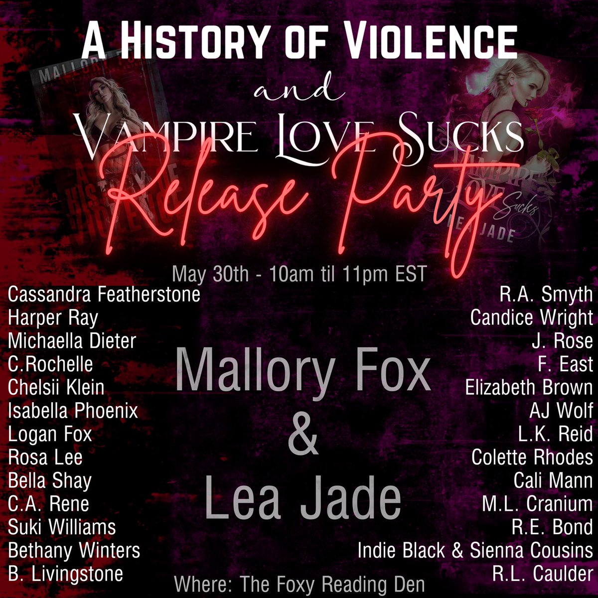 <a href="/mallorythefox/">Mallory Fox</a> &amp; @leajaderomance is having a double release party on Sunday May 30th! We have a great line up 🖤

Come join us:
facebook.com/groups/foxyrea…