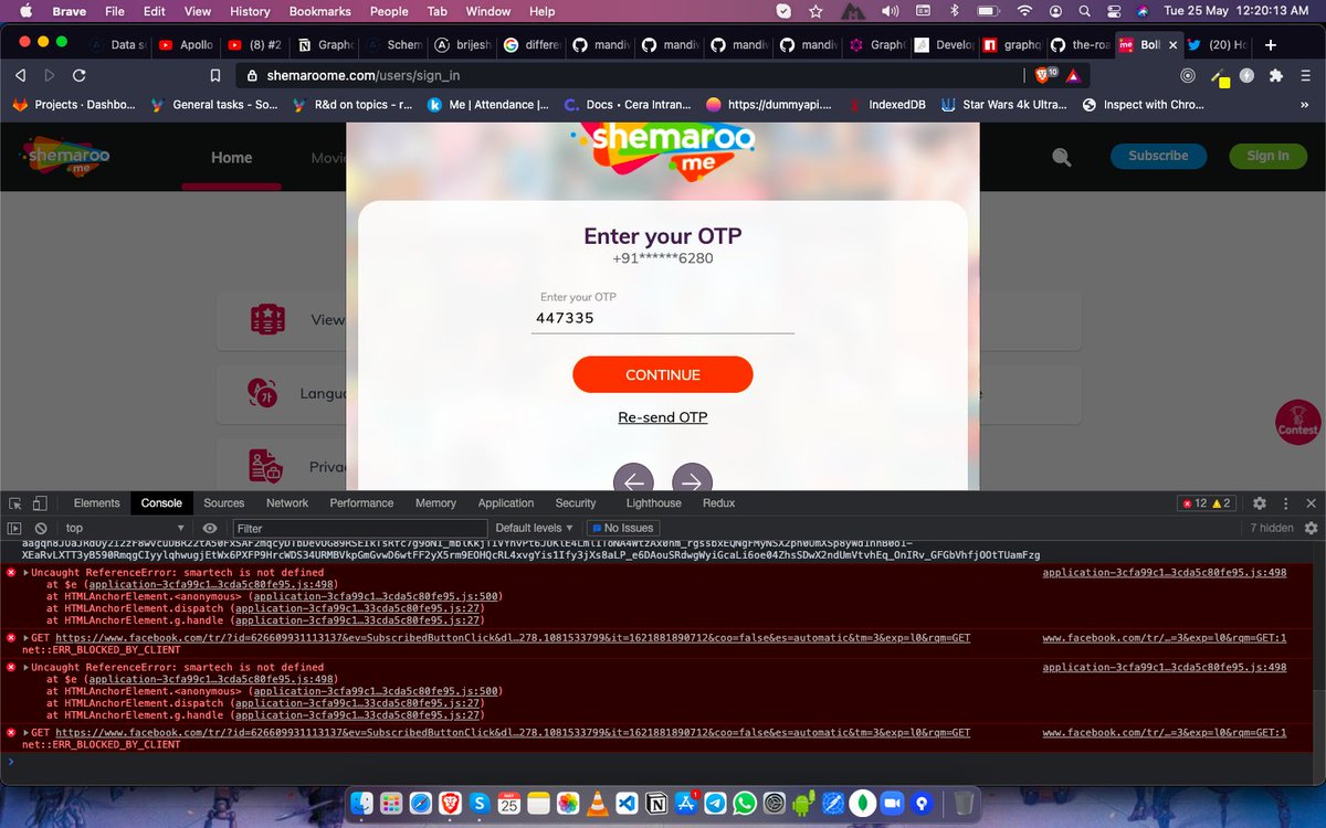 brijesh_1116's tweet photo. @ShemarooMe @ShemarooEnt @ShemarooGuj 
Hey i just bought subscription and tried to login with web and then this error came; can you please solve it so i can watch it on web rather than on app. PS i tried 3 different number getting the same error. smartech is not defined https://t.co/v2WSsr2Oa8