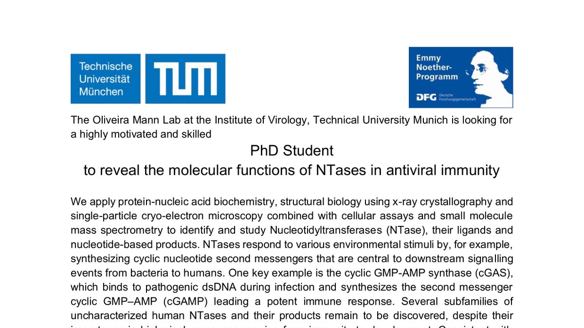 My Emmy Noether Program funded research group is starting this summer at the Institute of Virology, <a href="/TU_Muenchen/">TU München</a>! Thanks to <a href="/dfg_public/">DFG public | @dfg_public@wisskomm.social</a>, I am now looking for PhD students interested in antiviral immunity and NTase enzymatic mechanisms! Please RT
web.med.tum.de/fileadmin/w00b…
