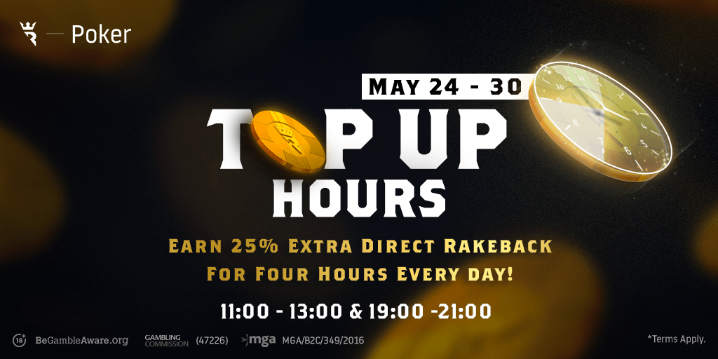 RunItOncePoker's tweet photo. We're topping up your account balances with an extra 25% rakeback for the next two hours! Good luck! 🙂 https://t.co/oIRFfoH49G