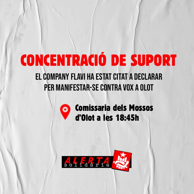 AlertaSolidaria's tweet photo. ⚠️Un antifeixista citat a la comissaria dels Mossos d'Olot❗

❌Encara en marxa l'operació repressiva contra les veïnes que van plantar cara al feixisme de VOX a la capital de la #Garrotxa 

▶️ Demà, 25 de maig, acompanyem el company... Amb el cap ben alt ✊🏽

#AntifeixistesSempre https://t.co/113nhZzvEM