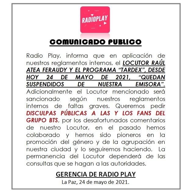 PLAYBOLIVIA's tweet photo. @BTSBolivia Por favor comunicar también que El Locutor y el Programa están suspendidos indefinidamente. Saludos gracias. https://t.co/3n4VgiMcZZ