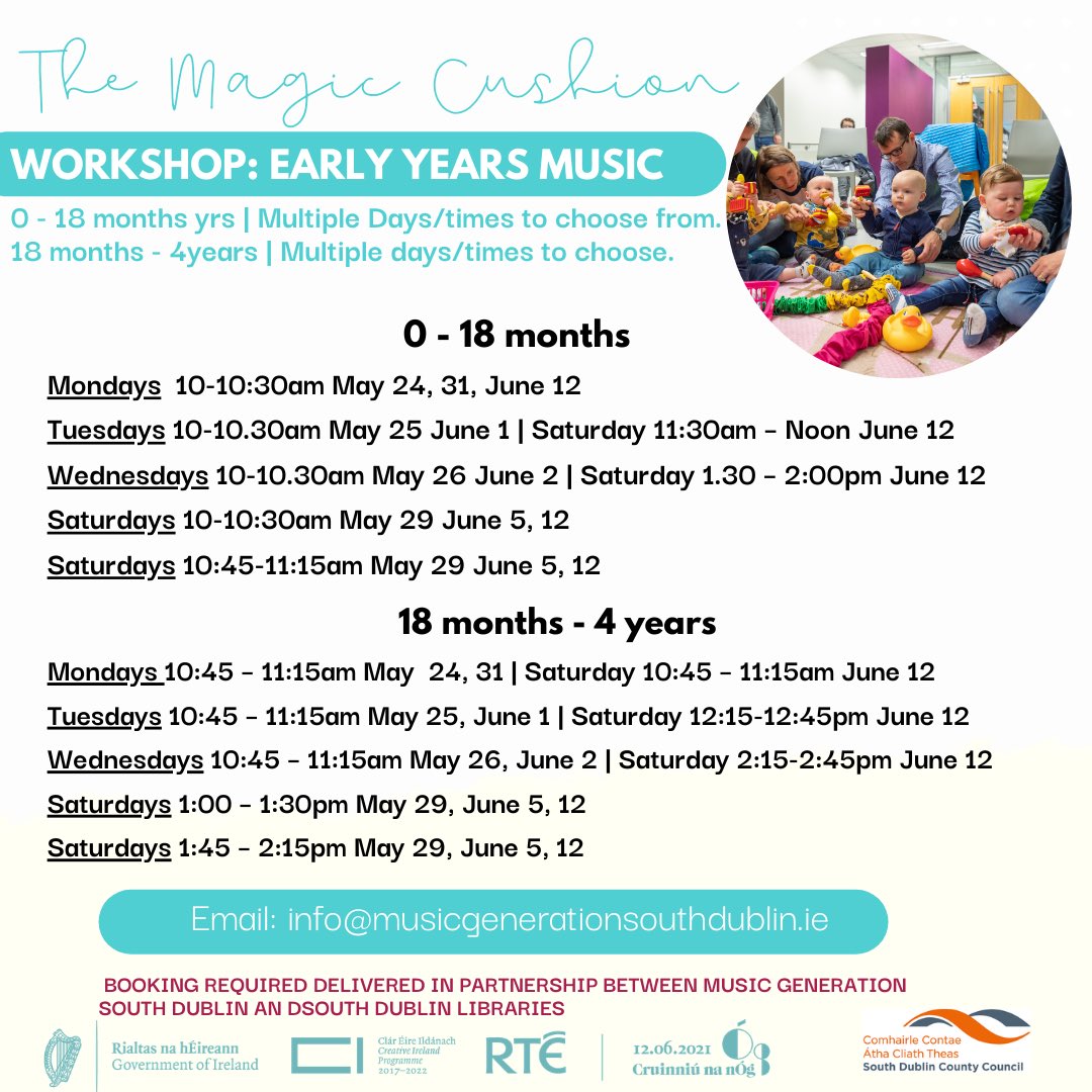 Book Now! 😃 Early Years Music for 0-18months and 18mts -4 years! Swipe 👉🏼 to see the full schedule & choose a day/time. 
Email: info@musicgenerationsouthdublin.ie to register
🎶🥁🎸
#CreativeIreland #CruinniuSD #EarlyYearsMusic #EarlyYears  #WorkshopsForKids #DublinEvents