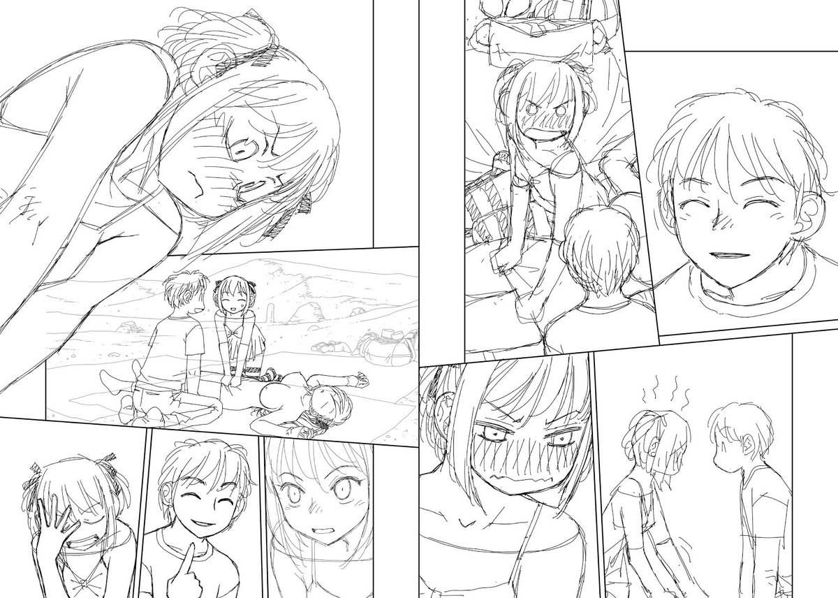 見開き単位で作業してた連載の下描き
台詞フキダシ擬音無しバージョン…50↓

変顔多め…(*≖‿≖) 