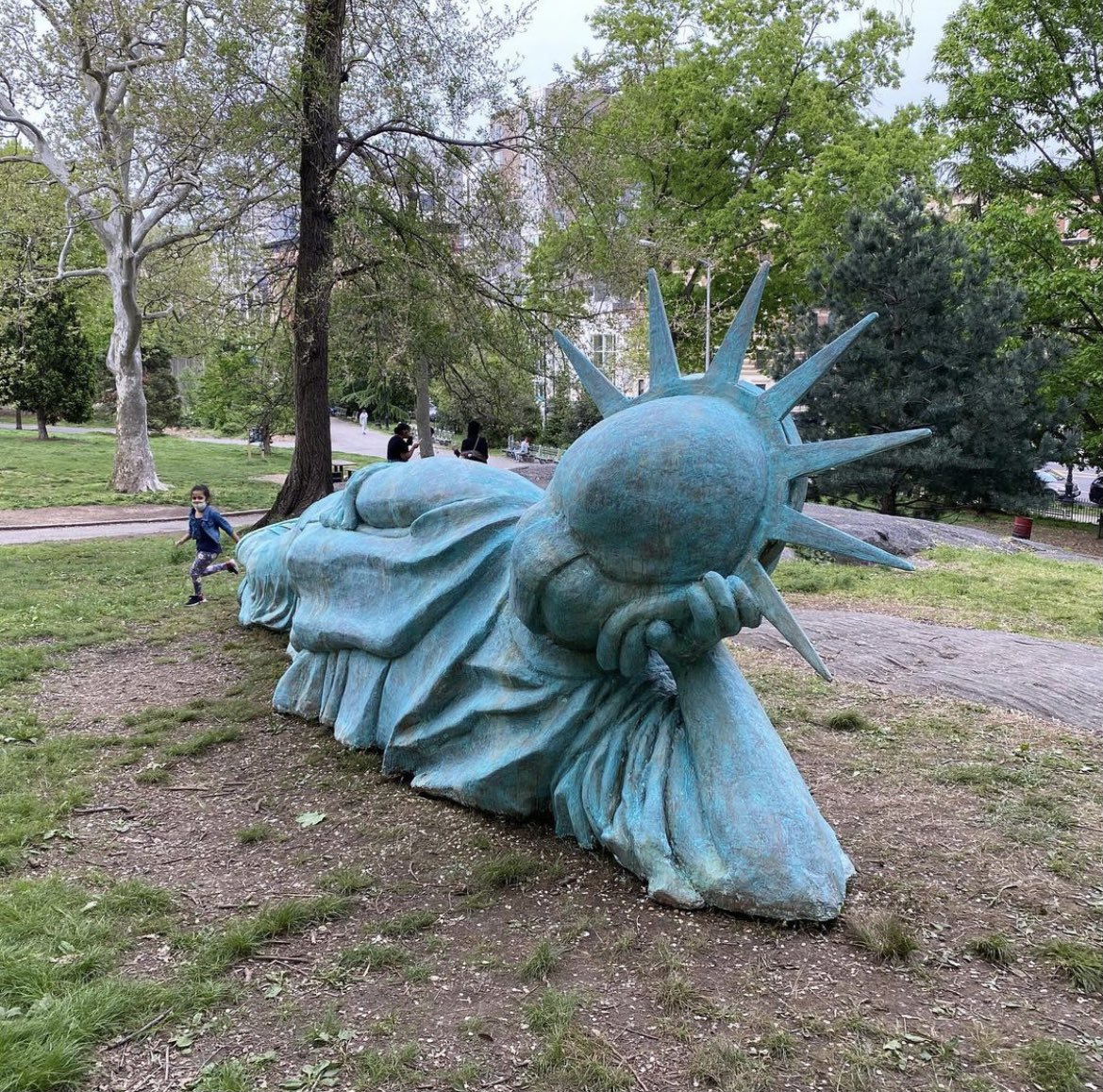 This Amazing Sculpture Of Reclining Liberty 2021 By Zaq Landsberg in Harlem #MorningsidePark #NYC #StreetArt