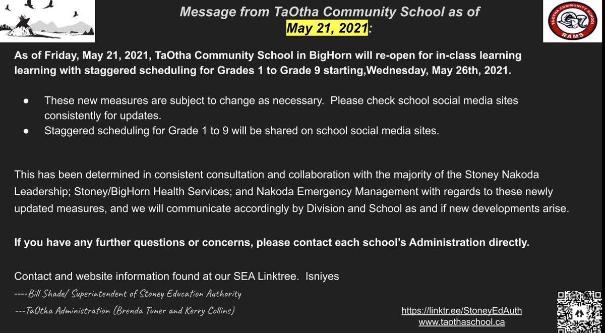 TaothaSchool's tweet photo. Update for TaOtha Community School as of today, along with Staggered schedule information for May and June. 
Please check the schools Facebook and Instagram for current information and updates as they arise. 
If you have any questions, please contact the school. Isniyes https://t.co/Vn3g9WRx2i