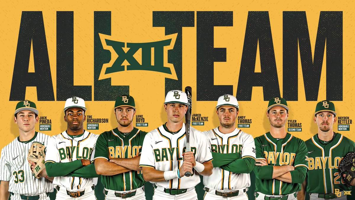 BaylorBaseball's tweet photo. All-Big 12 Awards 👏👏

⭐️ 1st Team - Boyd, A.T. &amp; J-Mac
⭐️ 2nd Team - T-Tom
⭐️ Honorable Mention - Haydo, Jack &amp; Tre

📰: https://t.co/02aDsnLkCU

#SicEm 🐻⚾️ | #BUiltForThis https://t.co/JAKD9JZyDf