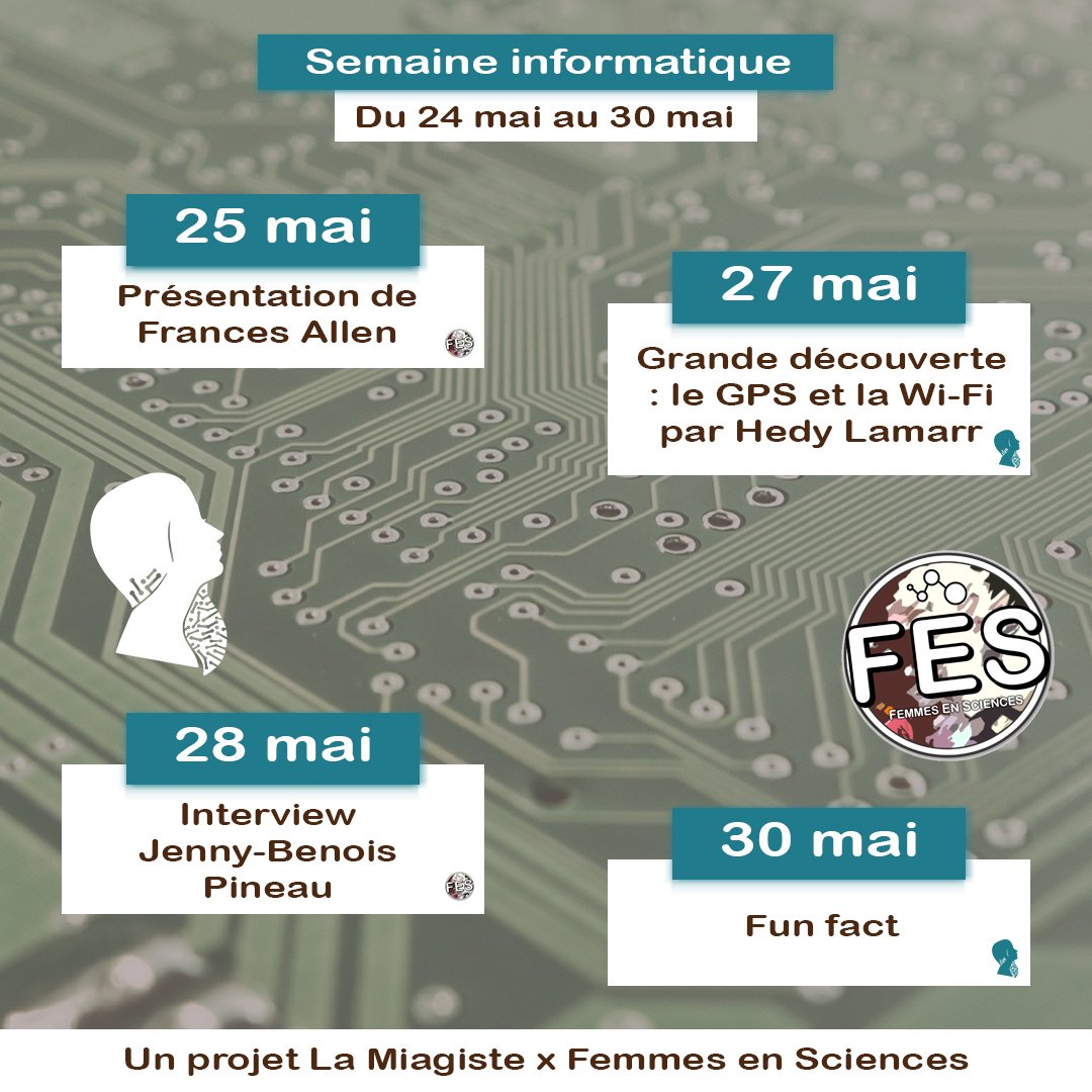 [Sciences : un domaine de femmes]
Semaine informatique 👩‍💻

Voici le planning pour cette nouvelle semaine dédiée à l'informatique 🖥️
<a href="/FES_AFNEUS/">Femmes En Sciences</a> <a href="/AFNEUS/">AFNEUS</a> <a href="/MIAGEConnection/">MIAGE Connection</a>