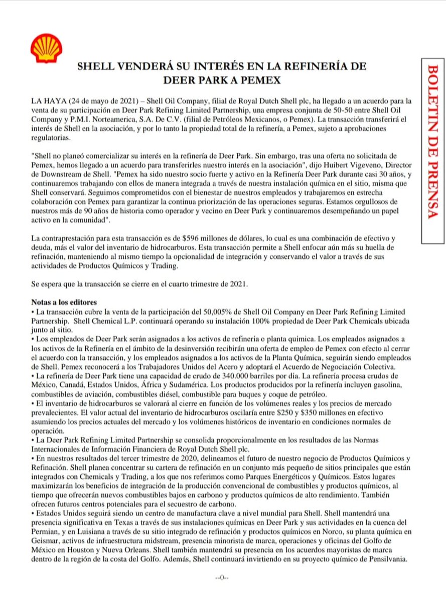 Rodpac's tweet photo. Aquí  el comunicado de @Shell en donde informa que @Pemex hizo una oferta no solicitada de 596 millones de dólares para comprarle su parte en la refinería de Deer Park en Texas. https://t.co/J5p5gYtTTt