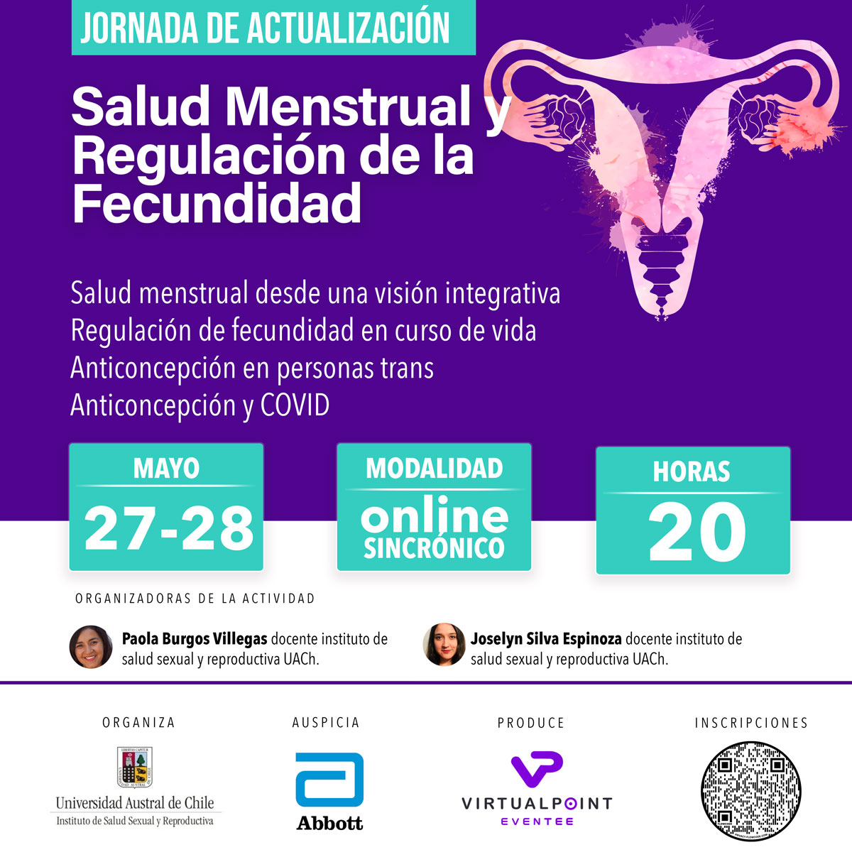 fame_uach's tweet photo. 📢Estudiantes y profesionales del área salud este jueves 27 y viernes 28 de mayo “Jornada de actualización en salud menstrual y regulación de la fecundidad”

📲Gratuito. Inscripción en código QR  o en enlace https://t.co/vHSsv8Xxr0 👇

@UAustraldeChile @H_BaseValdivia #Valdiviacl https://t.co/r1zSiEmtdf