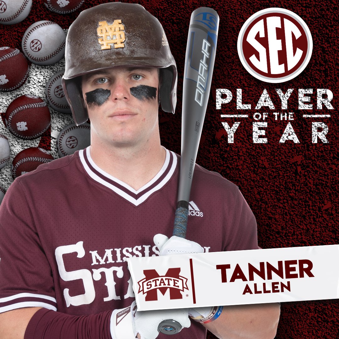SEC's tweet photo. 2021 #SECBSB Player of the Year: @Tanner_Allen10

🐶 » https://t.co/uJ6ve6KcYX. #HailState https://t.co/a6bkZBSNuX