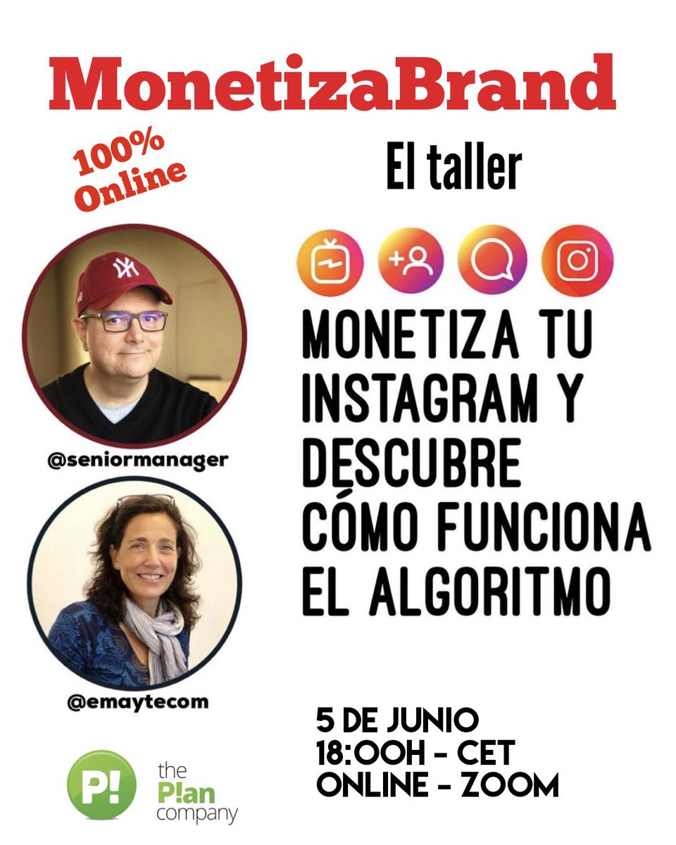 Lleva tu Instagram al siguiente nivel y monetiza tu cuenta.

5 de junio - 18:00h

– Nuevo funcionamiento del algoritmo de Instagram.
– Estrategias de marketing visual innovadoras.
– Estrategias de hashtags como herramientas de monetización.

Más info: 👉🏻 bit.ly/MonetizaBrandO…